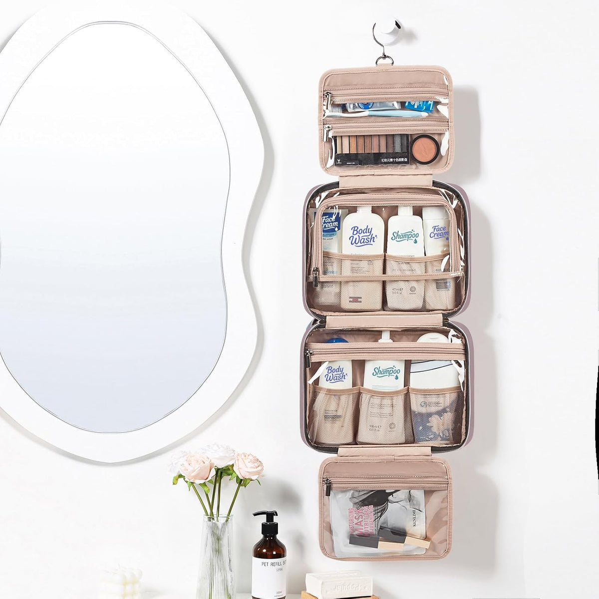 Travel Toiletry Bag for women, Portable Hanging Organizer for Travel-Sized Shampoo, Conditioner, Brushes Set, makeup Accessories, Medium Size, Pink