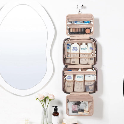 Travel Toiletry Bag for women, Portable Hanging Organizer for Travel-Sized Shampoo, Conditioner, Brushes Set, makeup Accessories, Medium Size, Pink