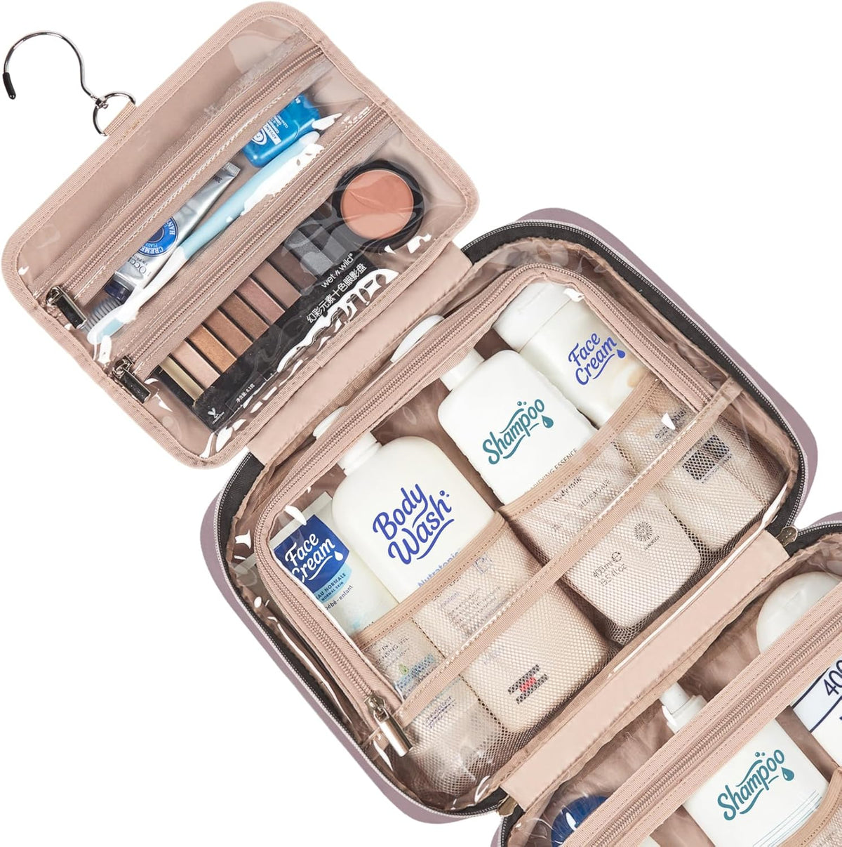 Travel Toiletry Bag for women, Portable Hanging Organizer for Travel-Sized Shampoo, Conditioner, Brushes Set, makeup Accessories, Medium Size, Pink