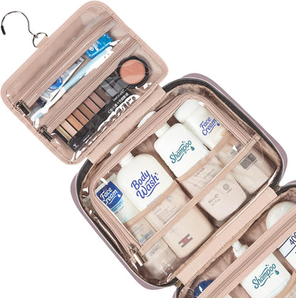 Travel Toiletry Bag for women, Portable Hanging Organizer for Travel-Sized Shampoo, Conditioner, Brushes Set, makeup Accessories, Medium Size, Pink