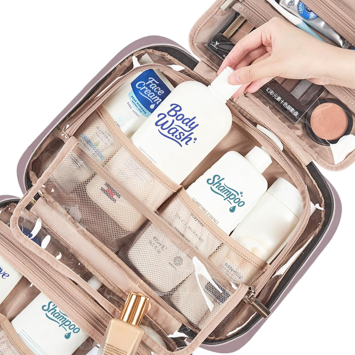 Travel Toiletry Bag for women, Portable Hanging Organizer for Travel-Sized Shampoo, Conditioner, Brushes Set, makeup Accessories, Medium Size, Pink