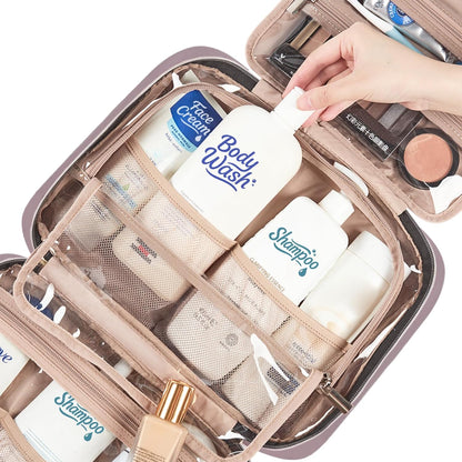 Travel Toiletry Bag for women, Portable Hanging Organizer for Travel-Sized Shampoo, Conditioner, Brushes Set, makeup Accessories, Medium Size, Pink