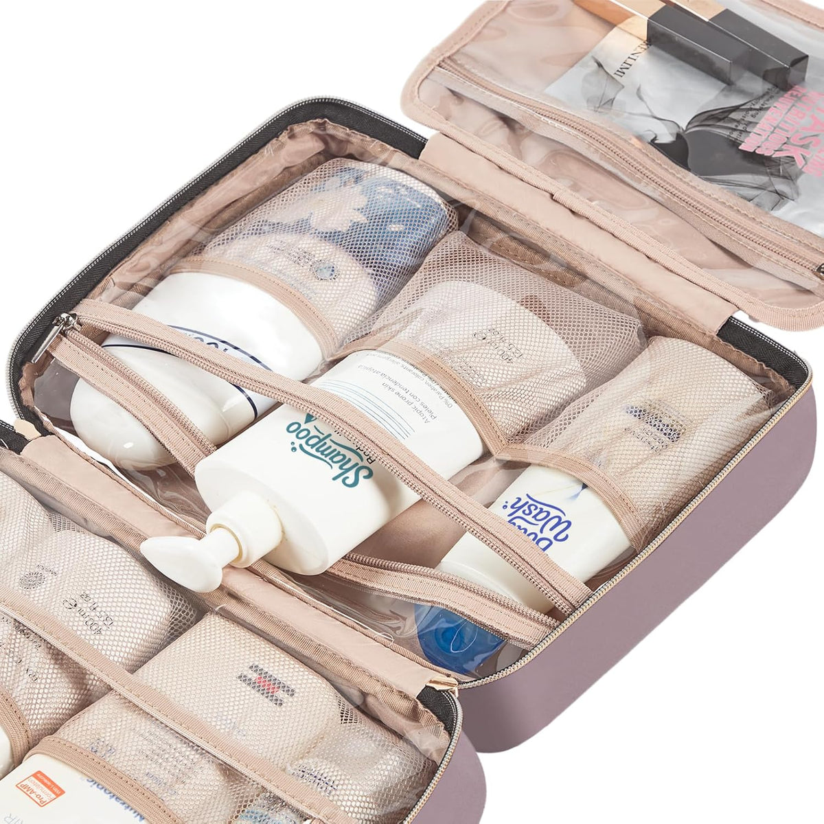 Travel Toiletry Bag for women, Portable Hanging Organizer for Travel-Sized Shampoo, Conditioner, Brushes Set, makeup Accessories, Medium Size, Pink