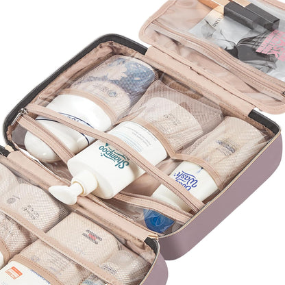 Travel Toiletry Bag for women, Portable Hanging Organizer for Travel-Sized Shampoo, Conditioner, Brushes Set, makeup Accessories, Medium Size, Pink