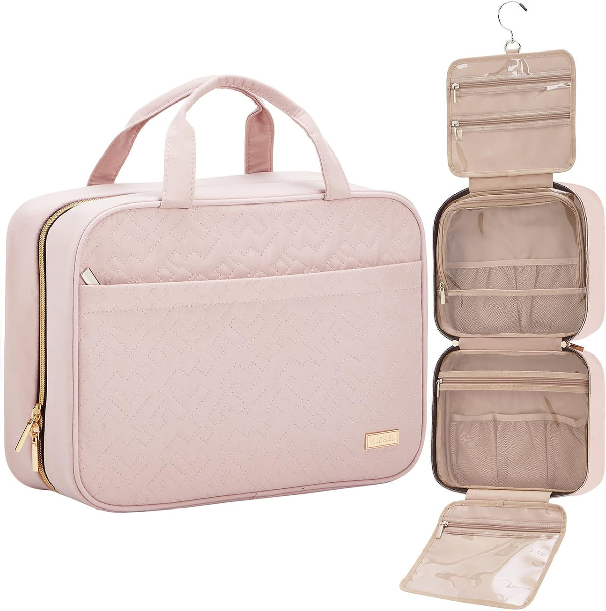 Travel Toiletry Bag for women, Portable Hanging Organizer for Travel-Sized Shampoo, Conditioner, Brushes Set, makeup Accessories, Medium Size, Pink