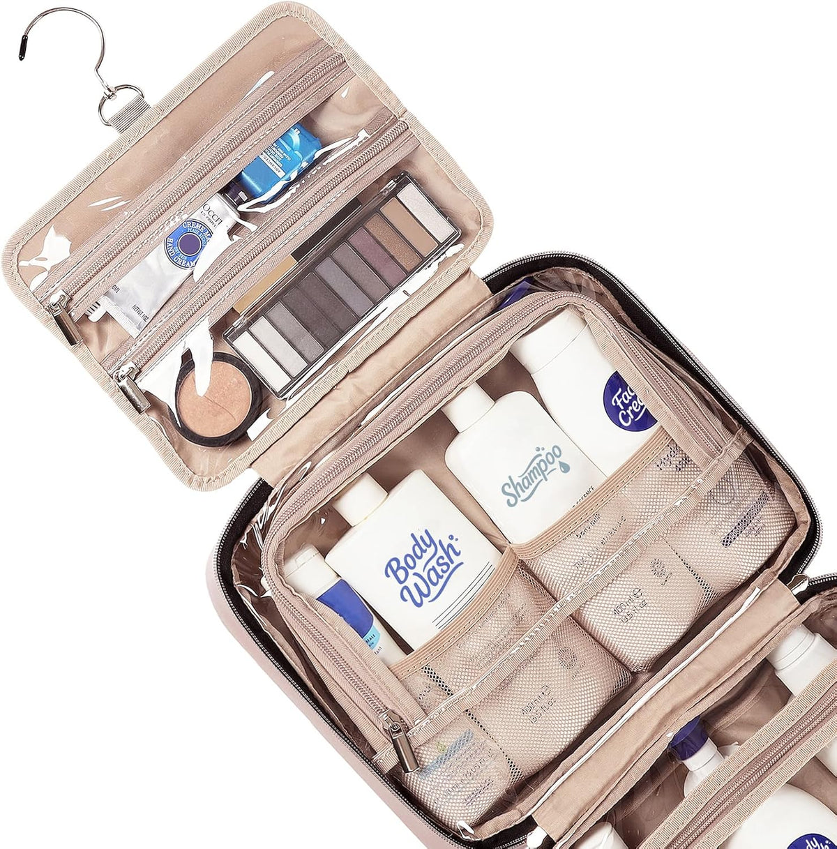 Travel Toiletry Bag for women, Portable Hanging Organizer for Travel-Sized Shampoo, Conditioner, Brushes Set, makeup Accessories, Medium Size, Pink