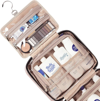 Travel Toiletry Bag for women, Portable Hanging Organizer for Travel-Sized Shampoo, Conditioner, Brushes Set, makeup Accessories, Medium Size, Pink