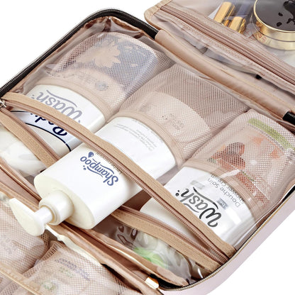 Travel Toiletry Bag for women, Portable Hanging Organizer for Travel-Sized Shampoo, Conditioner, Brushes Set, makeup Accessories, Medium Size, Pink