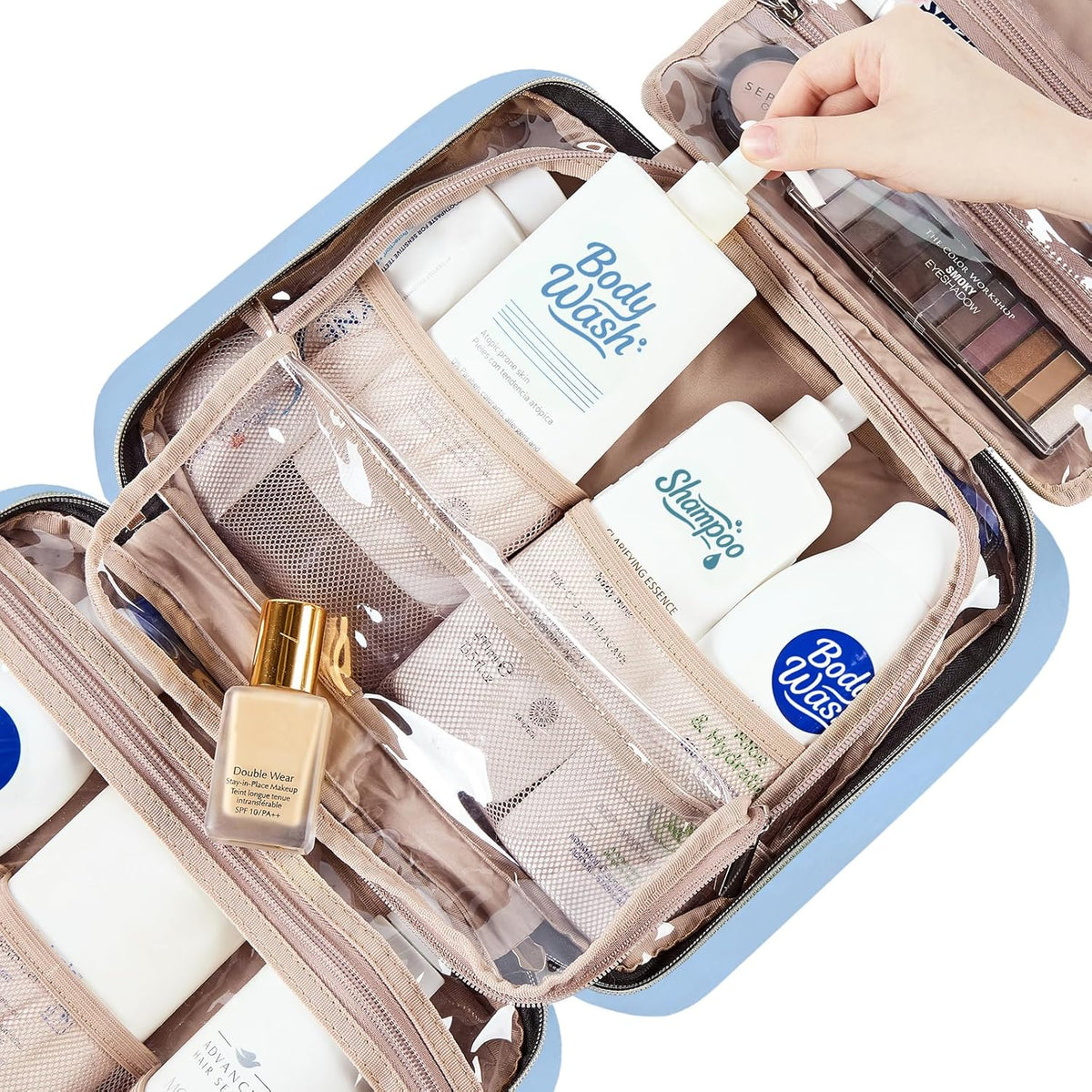 Travel Toiletry Bag for women, Portable Hanging Organizer for Travel-Sized Shampoo, Conditioner, Brushes Set, makeup Accessories, Medium Size, Pink