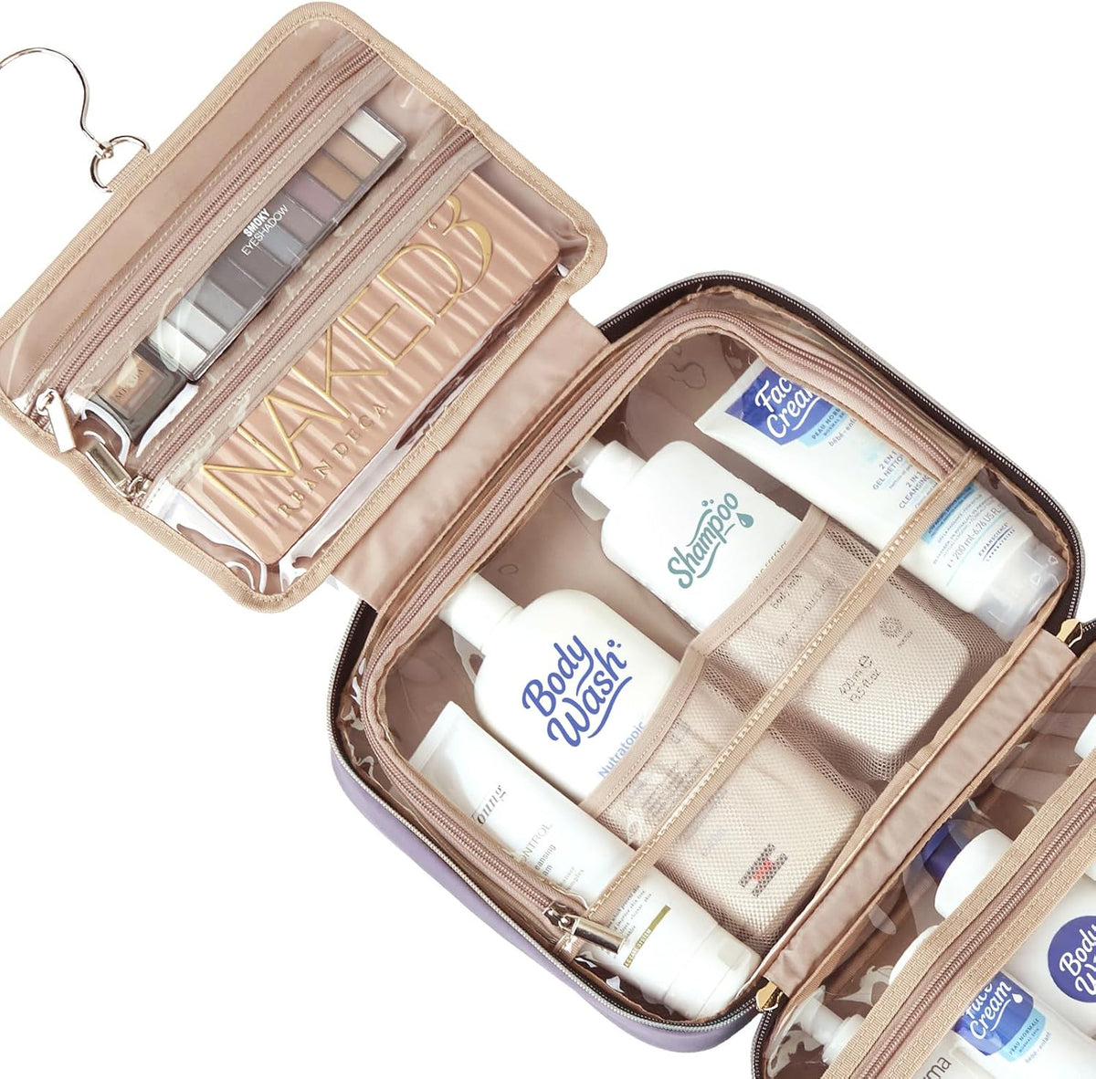 Travel Toiletry Bag for women, Portable Hanging Organizer for Travel-Sized Shampoo, Conditioner, Brushes Set, makeup Accessories, Medium Size, Pink