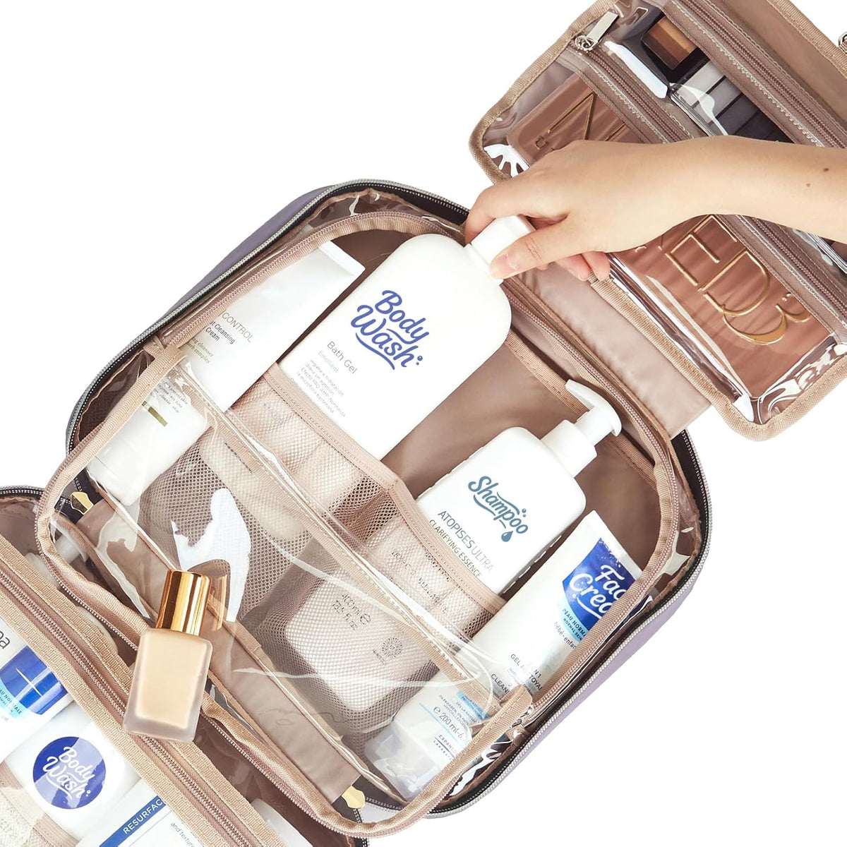 Travel Toiletry Bag for women, Portable Hanging Organizer for Travel-Sized Shampoo, Conditioner, Brushes Set, makeup Accessories, Medium Size, Pink