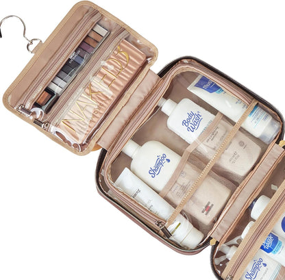 Travel Toiletry Bag for women, Portable Hanging Organizer for Travel-Sized Shampoo, Conditioner, Brushes Set, makeup Accessories, Medium Size, Pink