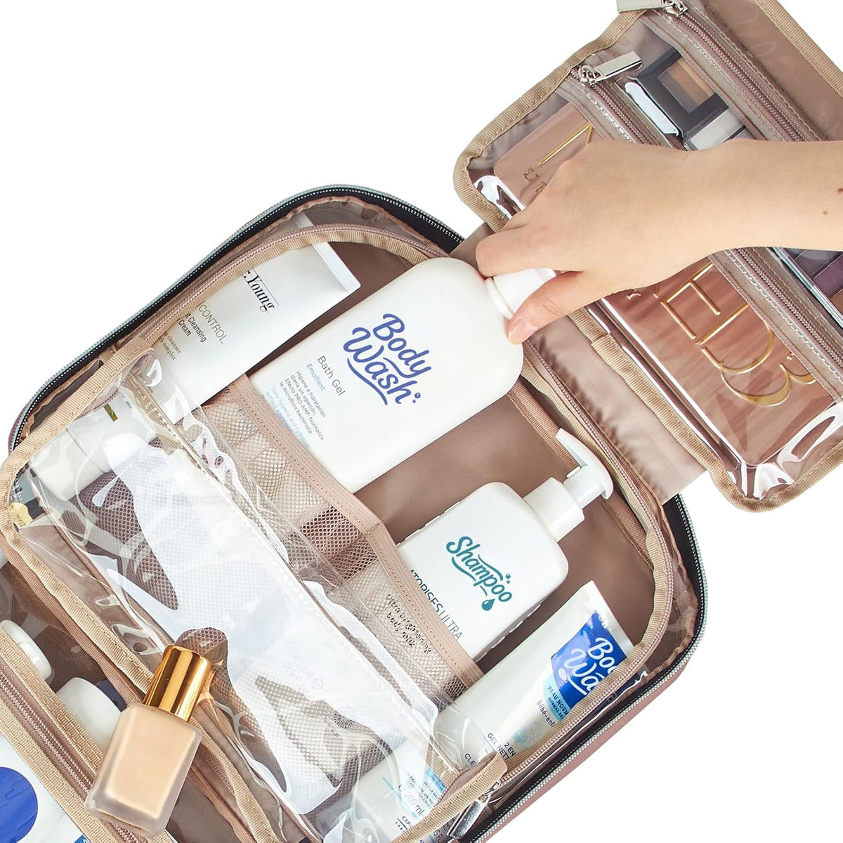 Travel Toiletry Bag for women, Portable Hanging Organizer for Travel-Sized Shampoo, Conditioner, Brushes Set, makeup Accessories, Medium Size, Pink