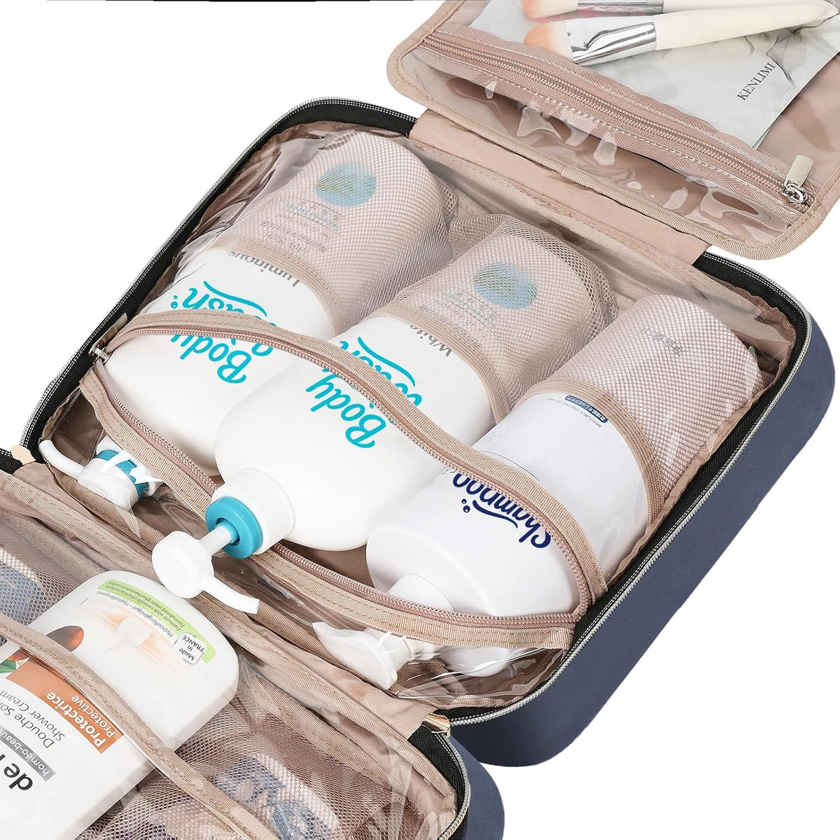 Travel Toiletry Bag for women, Portable Hanging Organizer for Travel-Sized Shampoo, Conditioner, Brushes Set, makeup Accessories, Medium Size, Pink