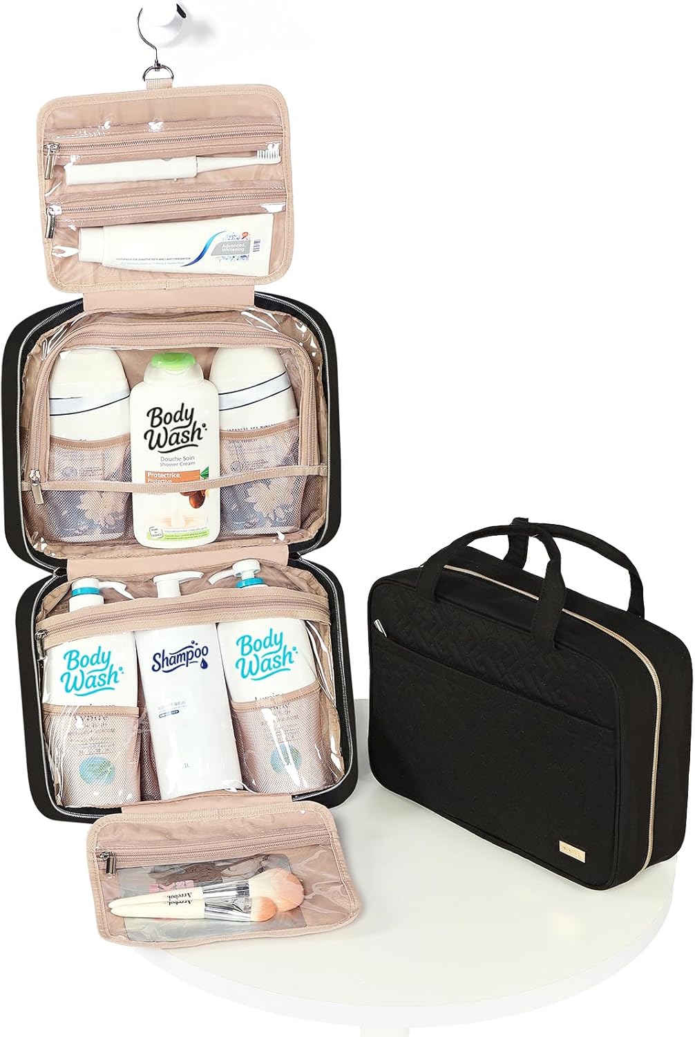 Travel Toiletry Bag for women, Portable Hanging Organizer for Travel-Sized Shampoo, Conditioner, Brushes Set, makeup Accessories, Medium Size, Pink