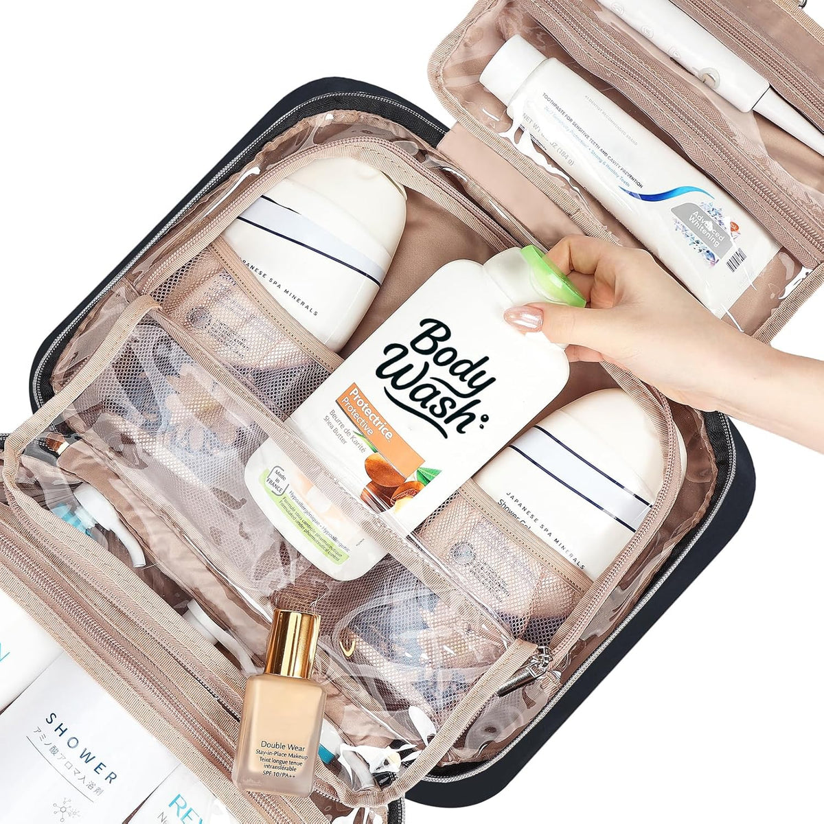 Travel Toiletry Bag for women, Portable Hanging Organizer for Travel-Sized Shampoo, Conditioner, Brushes Set, makeup Accessories, Medium Size, Pink