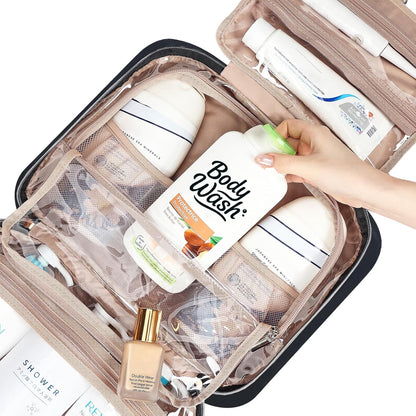 Travel Toiletry Bag for women, Portable Hanging Organizer for Travel-Sized Shampoo, Conditioner, Brushes Set, makeup Accessories, Medium Size, Pink