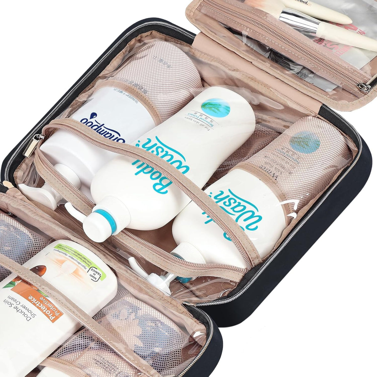 Travel Toiletry Bag for women, Portable Hanging Organizer for Travel-Sized Shampoo, Conditioner, Brushes Set, makeup Accessories, Medium Size, Pink