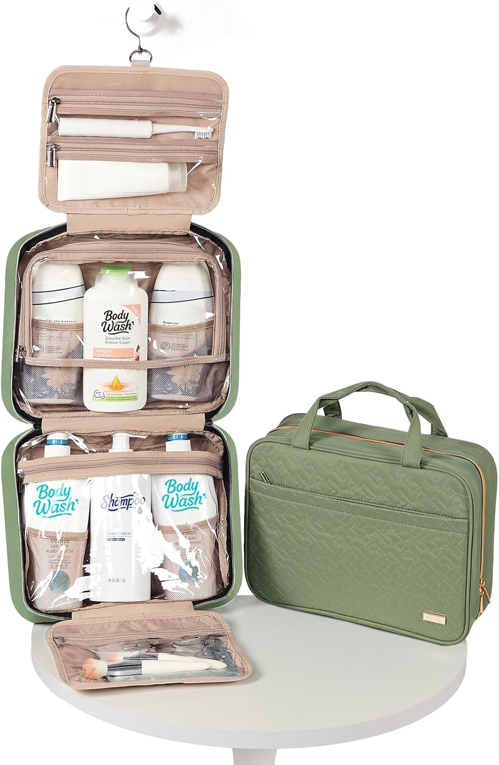 Travel Toiletry Bag for women, Portable Hanging Organizer for Travel-Sized Shampoo, Conditioner, Brushes Set, makeup Accessories, Medium Size, Pink