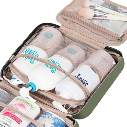 Travel Toiletry Bag for women, Portable Hanging Organizer for Travel-Sized Shampoo, Conditioner, Brushes Set, makeup Accessories, Medium Size, Pink