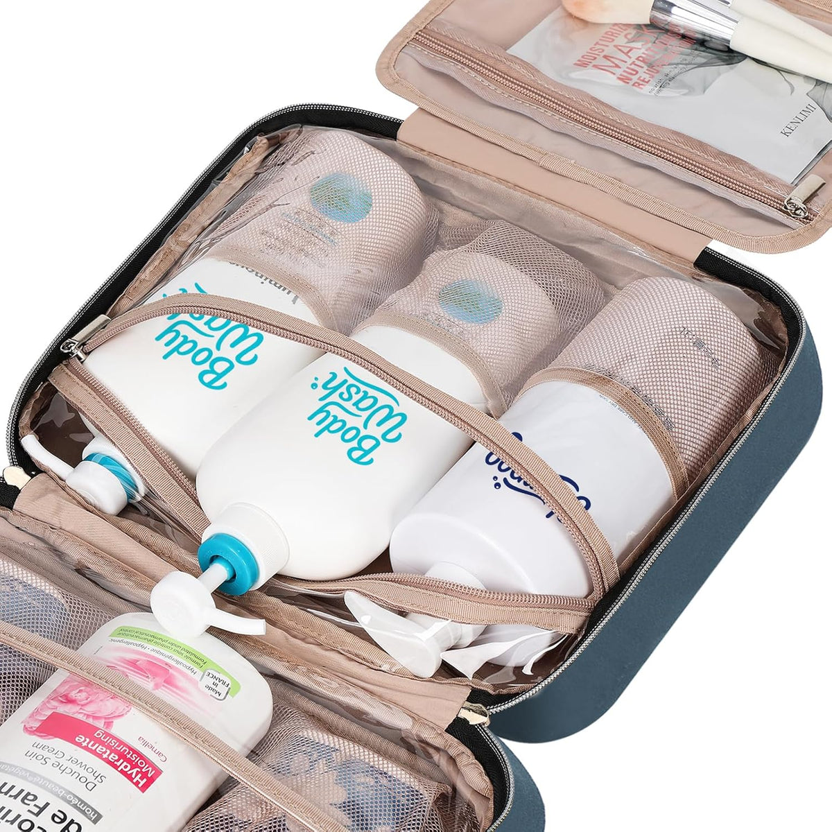 Travel Toiletry Bag for women, Portable Hanging Organizer for Travel-Sized Shampoo, Conditioner, Brushes Set, makeup Accessories, Medium Size, Pink