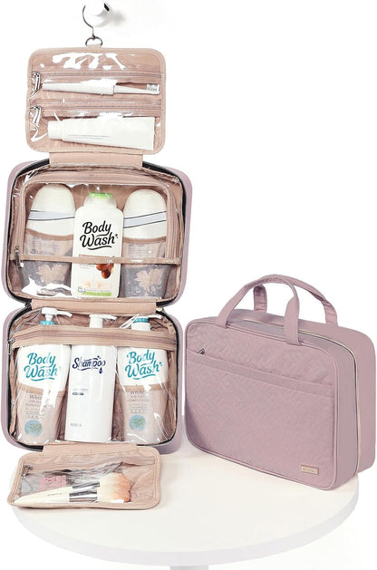 Travel Toiletry Bag for women, Portable Hanging Organizer for Travel-Sized Shampoo, Conditioner, Brushes Set, makeup Accessories, Medium Size, Pink