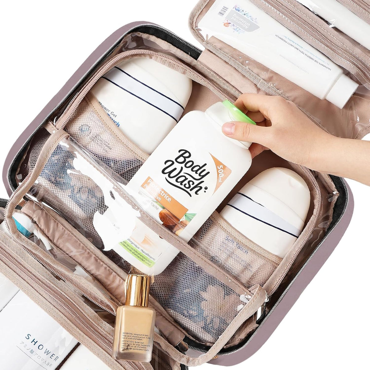 Travel Toiletry Bag for women, Portable Hanging Organizer for Travel-Sized Shampoo, Conditioner, Brushes Set, makeup Accessories, Medium Size, Pink