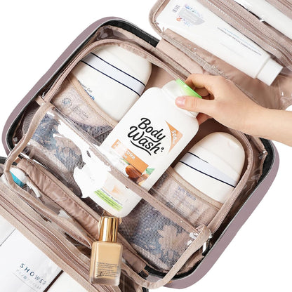 Travel Toiletry Bag for women, Portable Hanging Organizer for Travel-Sized Shampoo, Conditioner, Brushes Set, makeup Accessories, Medium Size, Pink