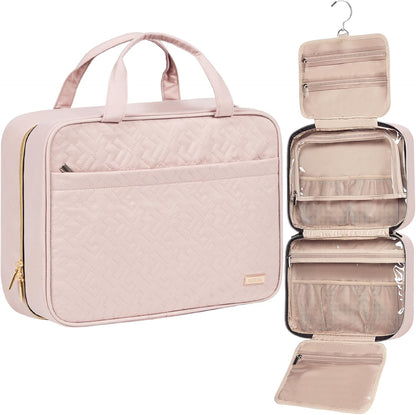 Travel Toiletry Bag for women, Portable Hanging Organizer for Travel-Sized Shampoo, Conditioner, Brushes Set, makeup Accessories, Medium Size, Pink