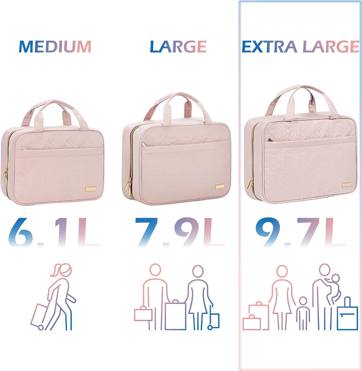 Travel Toiletry Bag for women, Portable Hanging Organizer for Travel-Sized Shampoo, Conditioner, Brushes Set, makeup Accessories, Medium Size, Pink