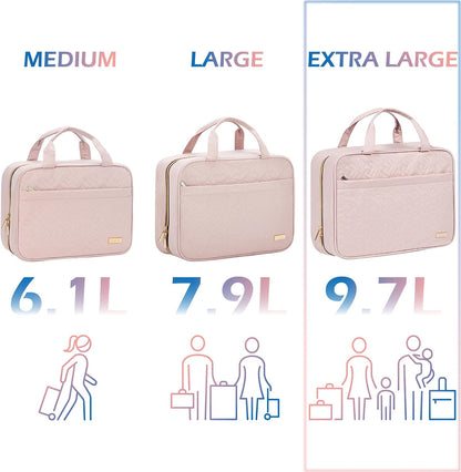 Travel Toiletry Bag for women, Portable Hanging Organizer for Travel-Sized Shampoo, Conditioner, Brushes Set, makeup Accessories, Medium Size, Pink