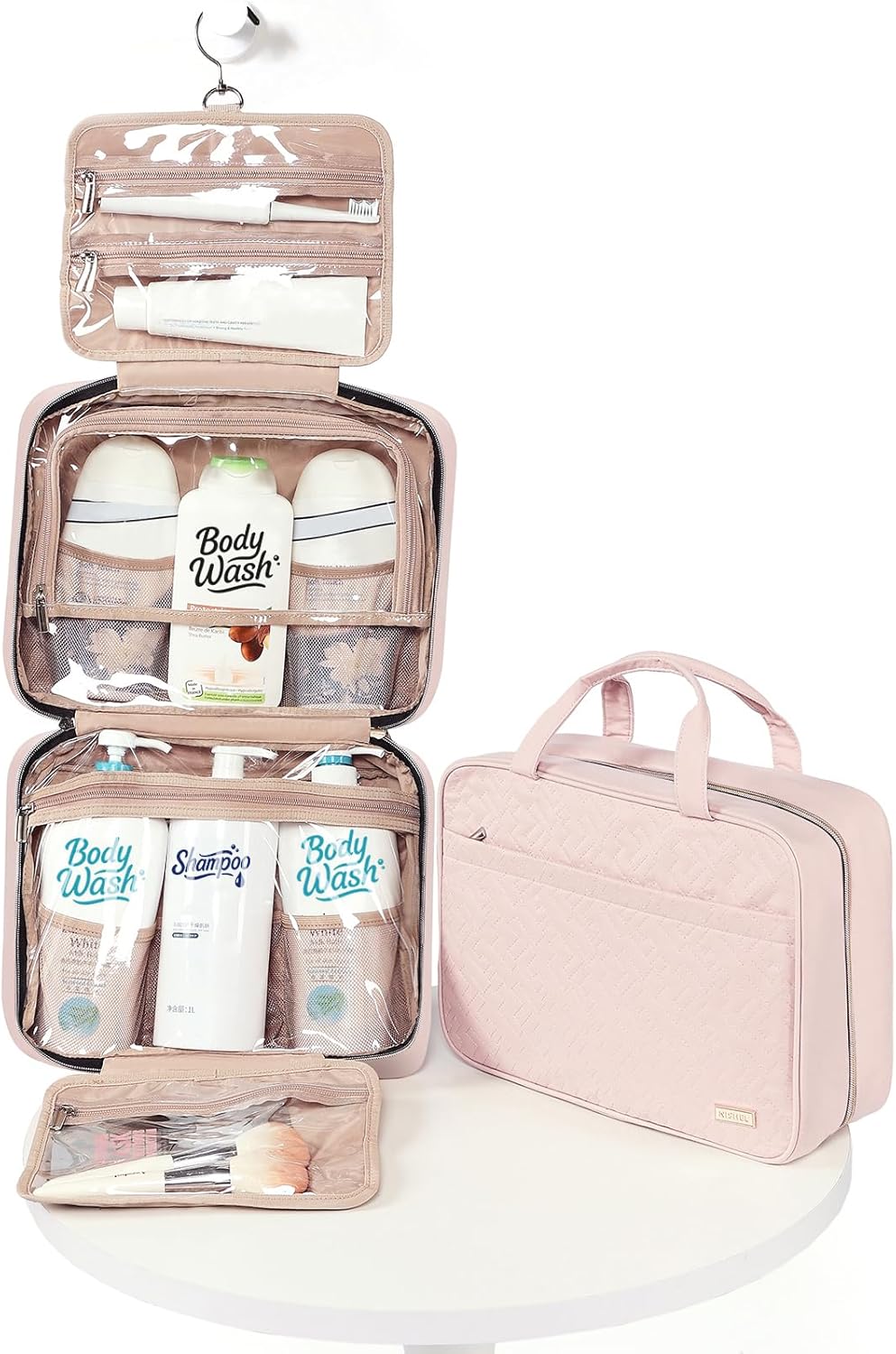 Travel Toiletry Bag for women, Portable Hanging Organizer for Travel-Sized Shampoo, Conditioner, Brushes Set, makeup Accessories, Medium Size, Pink