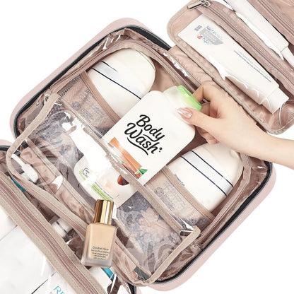 Travel Toiletry Bag for women, Portable Hanging Organizer for Travel-Sized Shampoo, Conditioner, Brushes Set, makeup Accessories, Medium Size, Pink