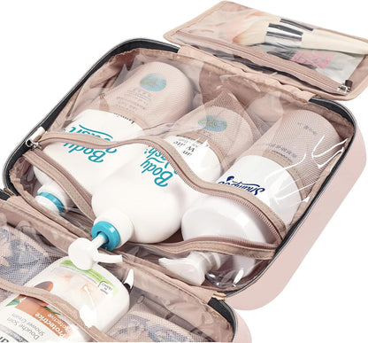 Travel Toiletry Bag for women, Portable Hanging Organizer for Travel-Sized Shampoo, Conditioner, Brushes Set, makeup Accessories, Medium Size, Pink