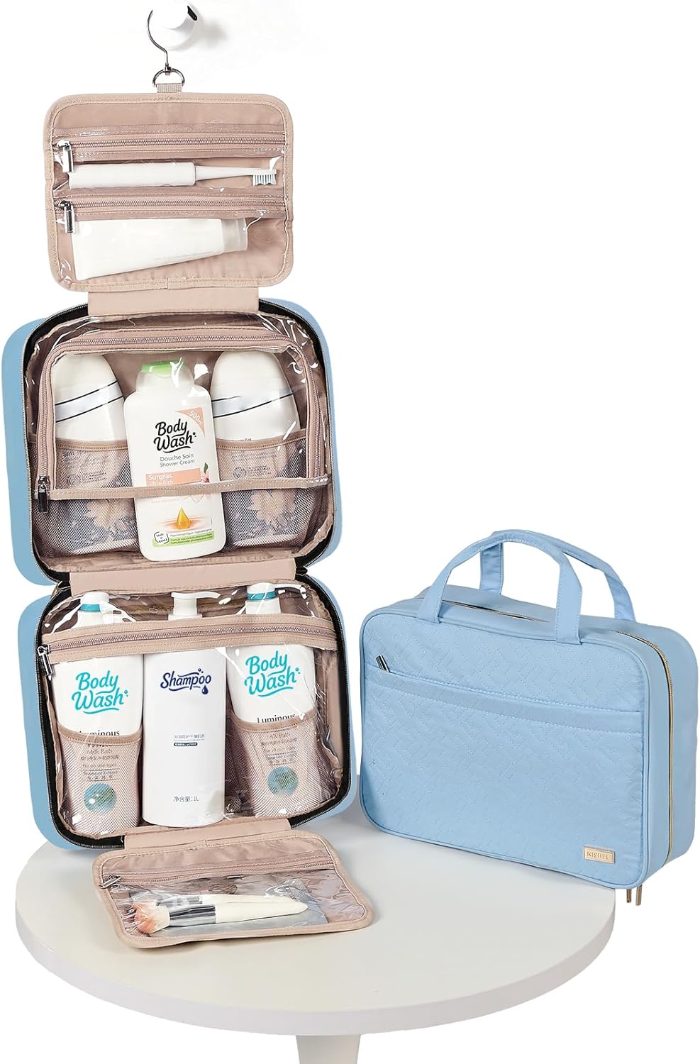 Travel Toiletry Bag for women, Portable Hanging Organizer for Travel-Sized Shampoo, Conditioner, Brushes Set, makeup Accessories, Medium Size, Pink