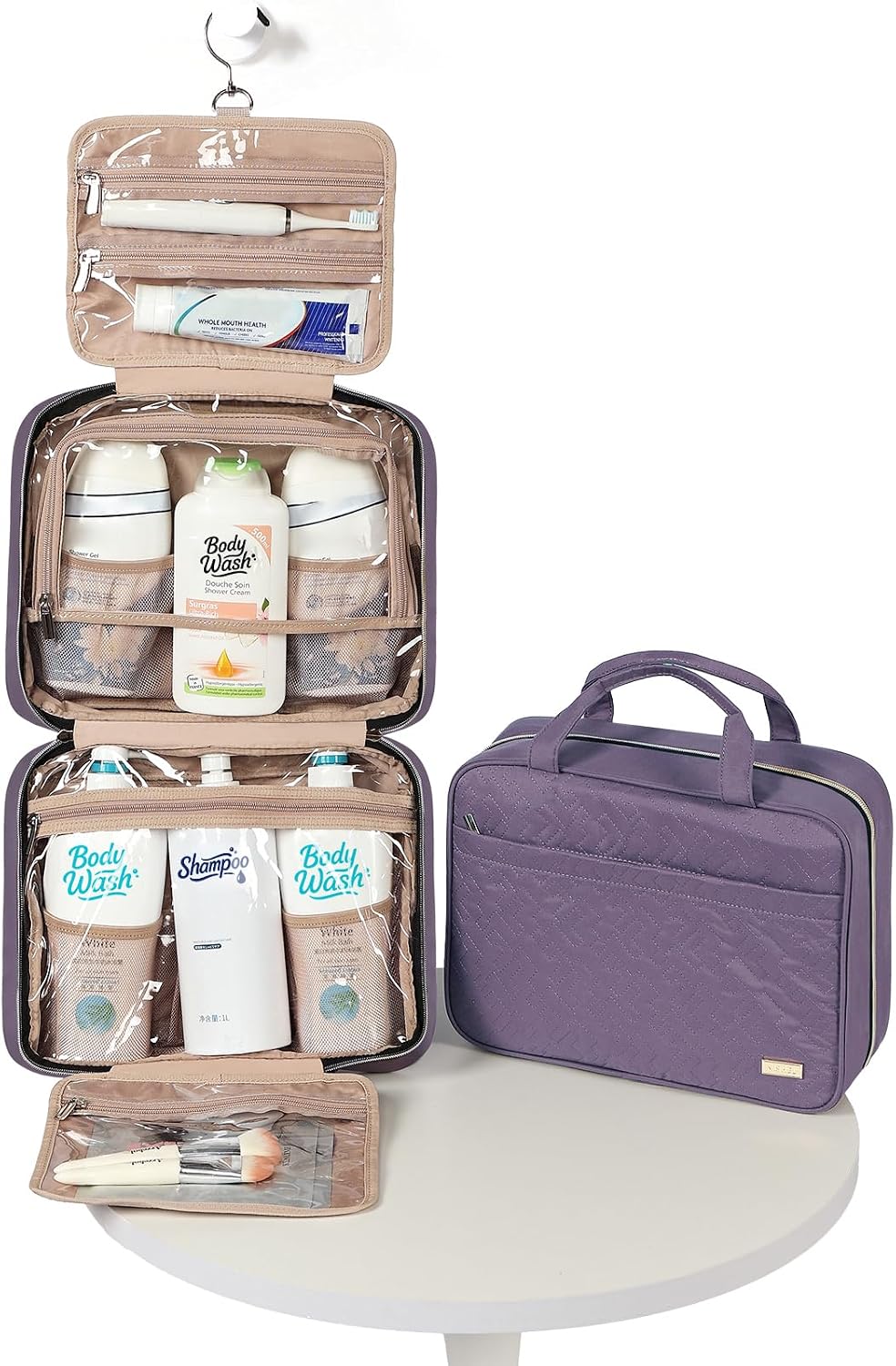 Travel Toiletry Bag for women, Portable Hanging Organizer for Travel-Sized Shampoo, Conditioner, Brushes Set, makeup Accessories, Medium Size, Pink