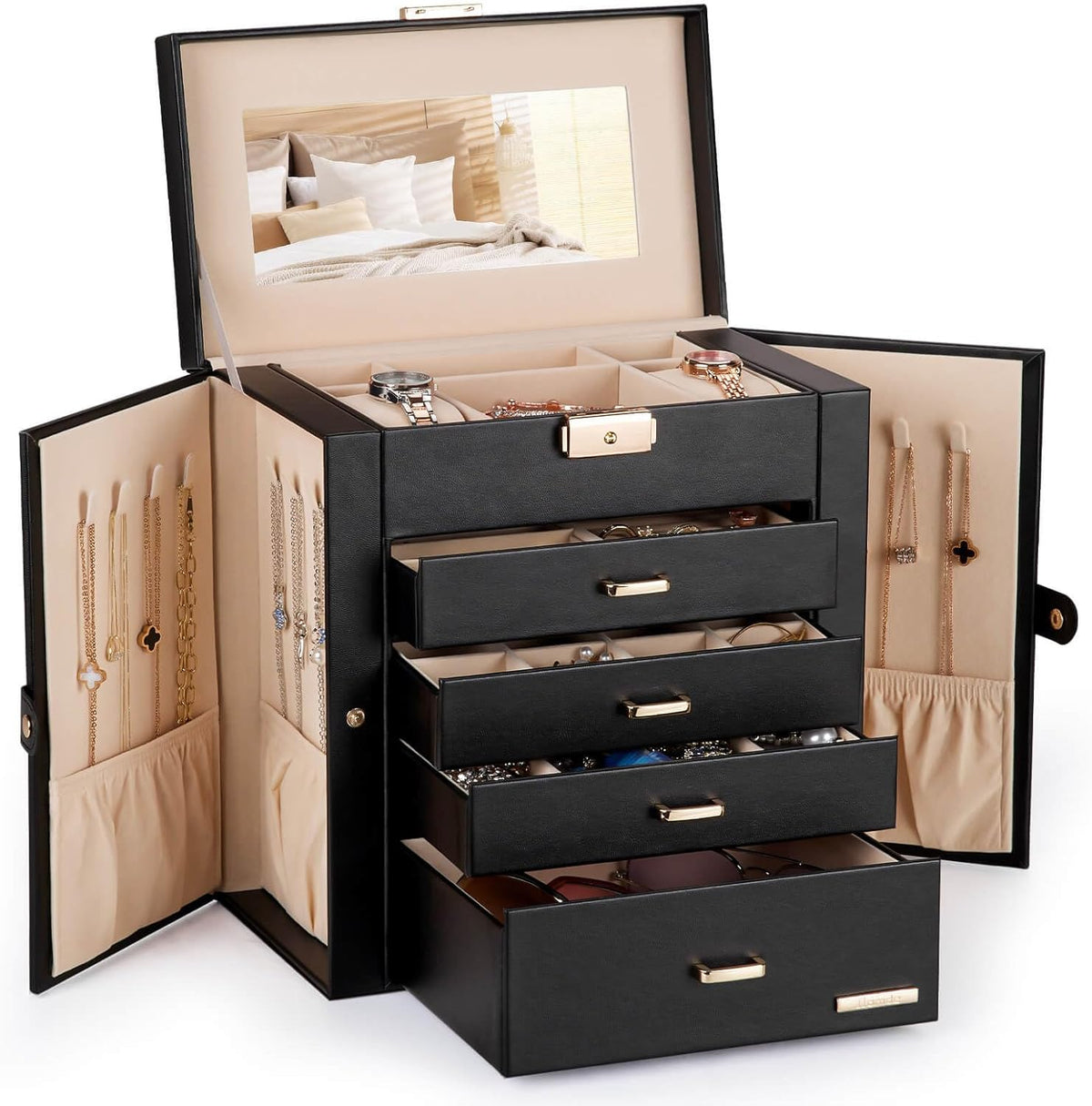 Synthetic Leather Huge Jewelry Box Mirrored Watch Organizer Necklace Ring Earring Storage Lockable Gift Case (White + Gold)