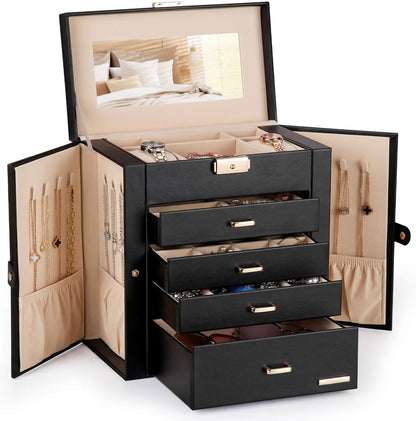 Synthetic Leather Huge Jewelry Box Mirrored Watch Organizer Necklace Ring Earring Storage Lockable Gift Case (White + Gold)