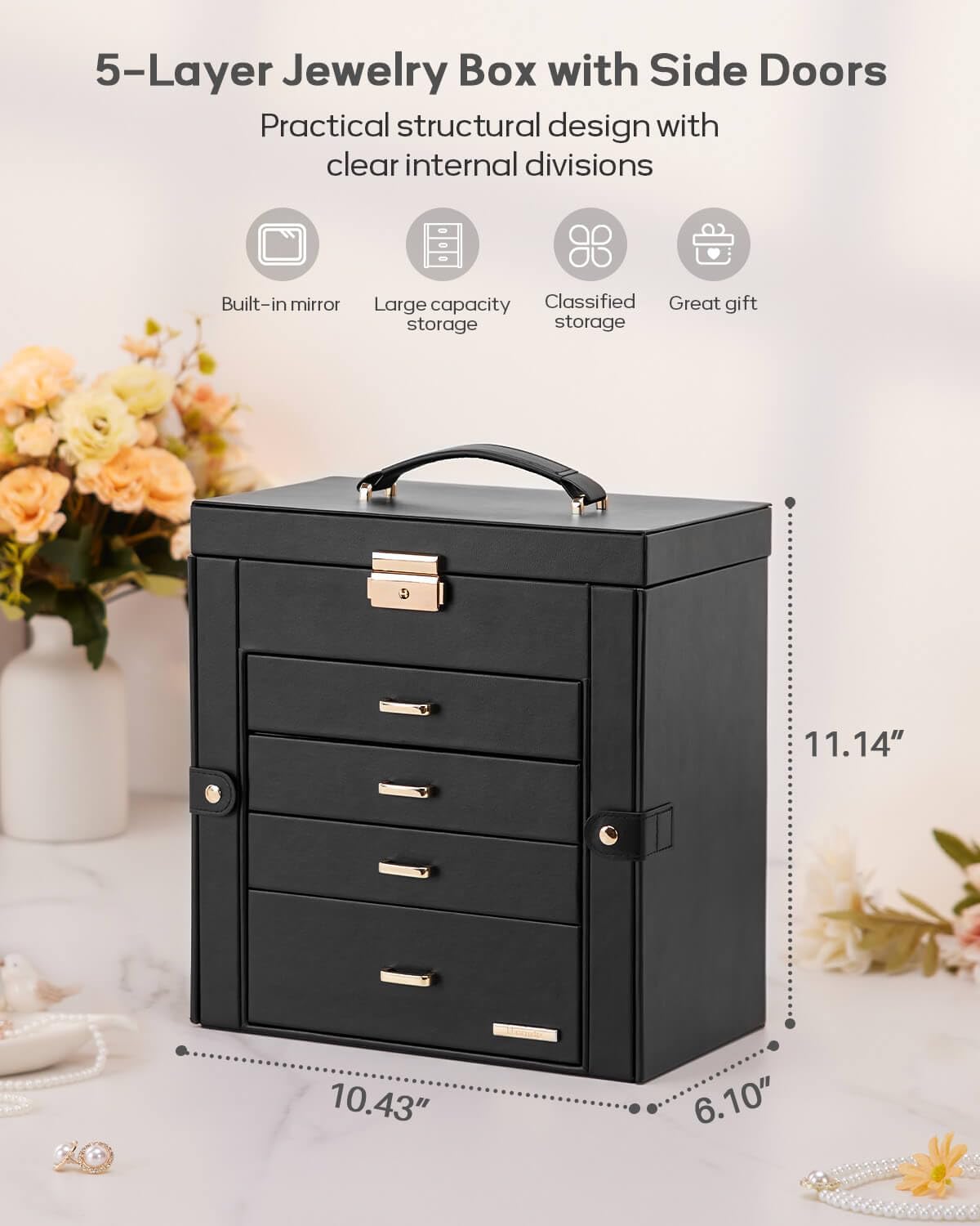 Synthetic Leather Huge Jewelry Box Mirrored Watch Organizer Necklace Ring Earring Storage Lockable Gift Case (White + Gold)
