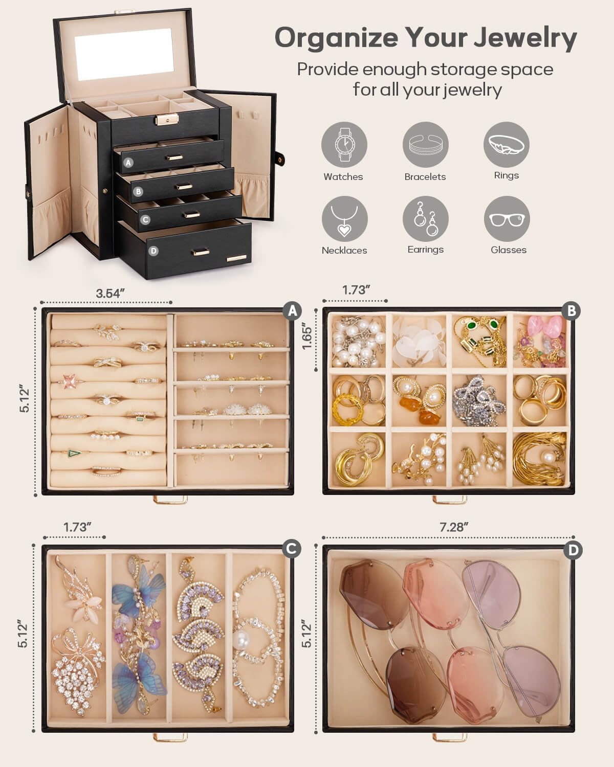 Synthetic Leather Huge Jewelry Box Mirrored Watch Organizer Necklace Ring Earring Storage Lockable Gift Case (White + Gold)