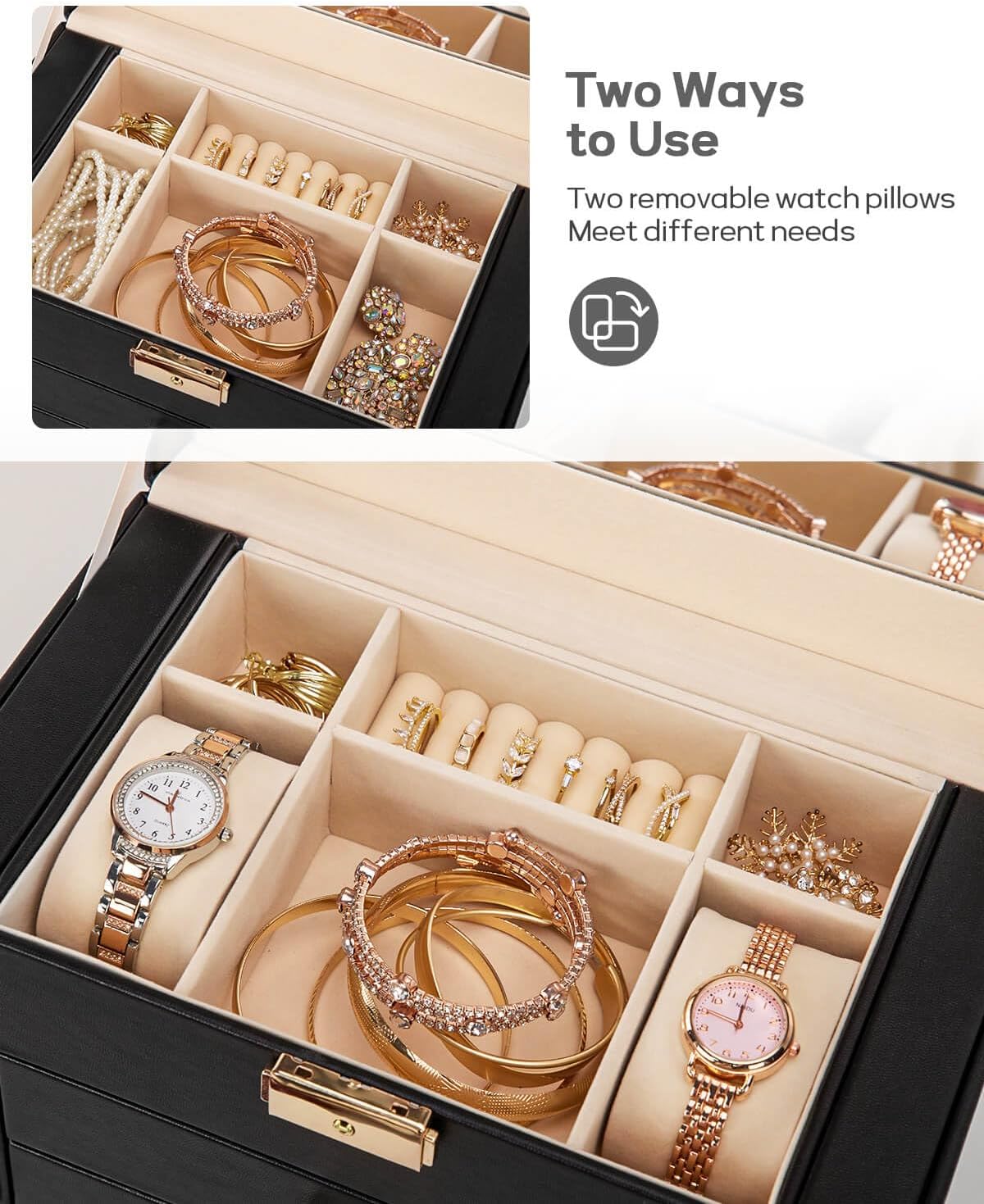 Synthetic Leather Huge Jewelry Box Mirrored Watch Organizer Necklace Ring Earring Storage Lockable Gift Case (White + Gold)