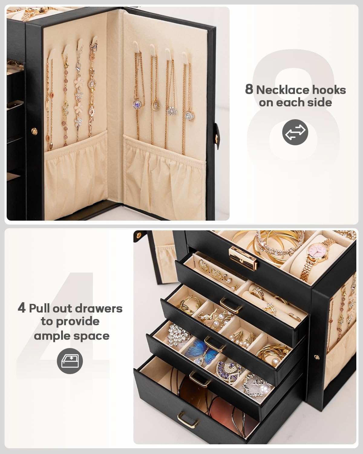 Synthetic Leather Huge Jewelry Box Mirrored Watch Organizer Necklace Ring Earring Storage Lockable Gift Case (White + Gold)