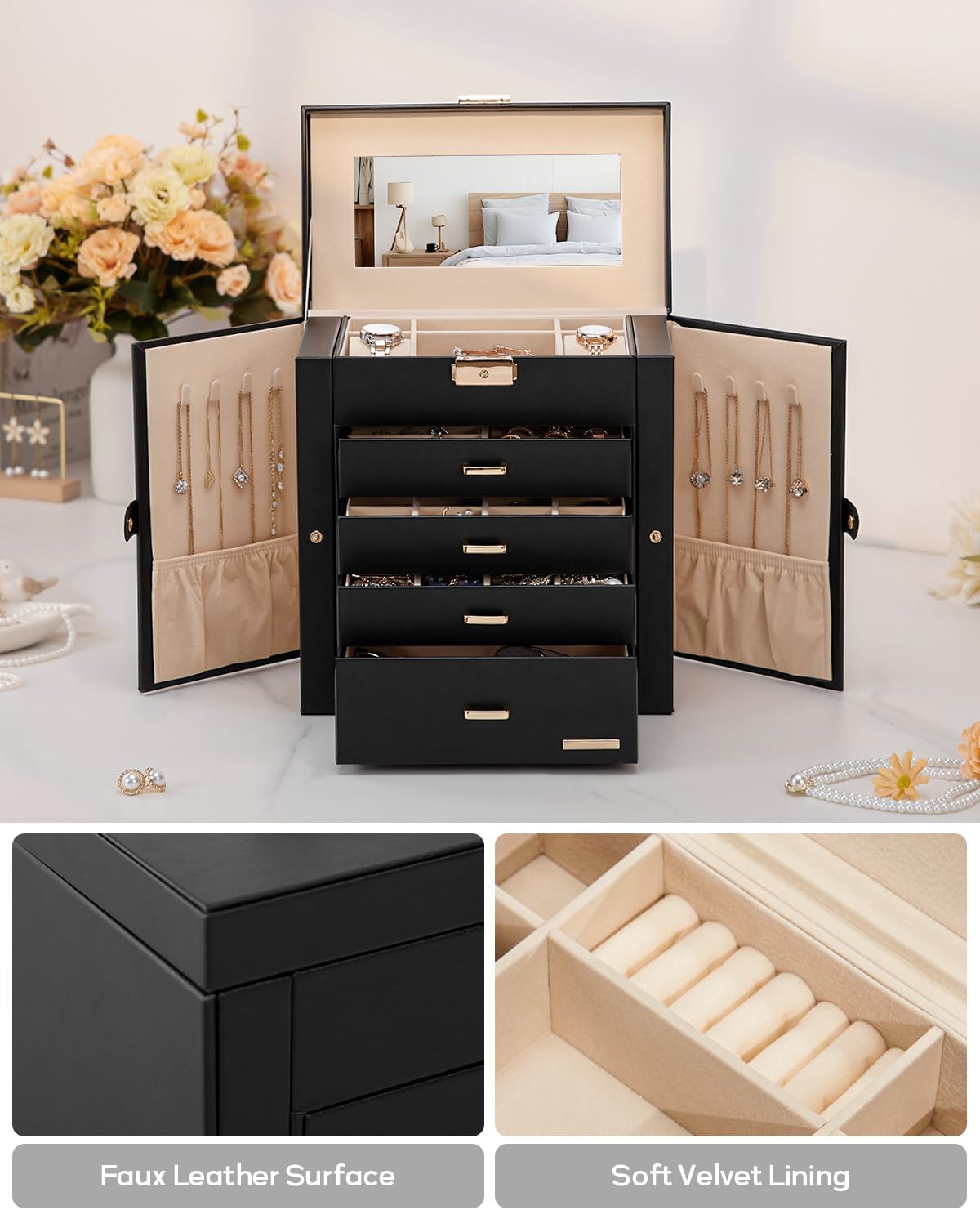 Synthetic Leather Huge Jewelry Box Mirrored Watch Organizer Necklace Ring Earring Storage Lockable Gift Case (White + Gold)