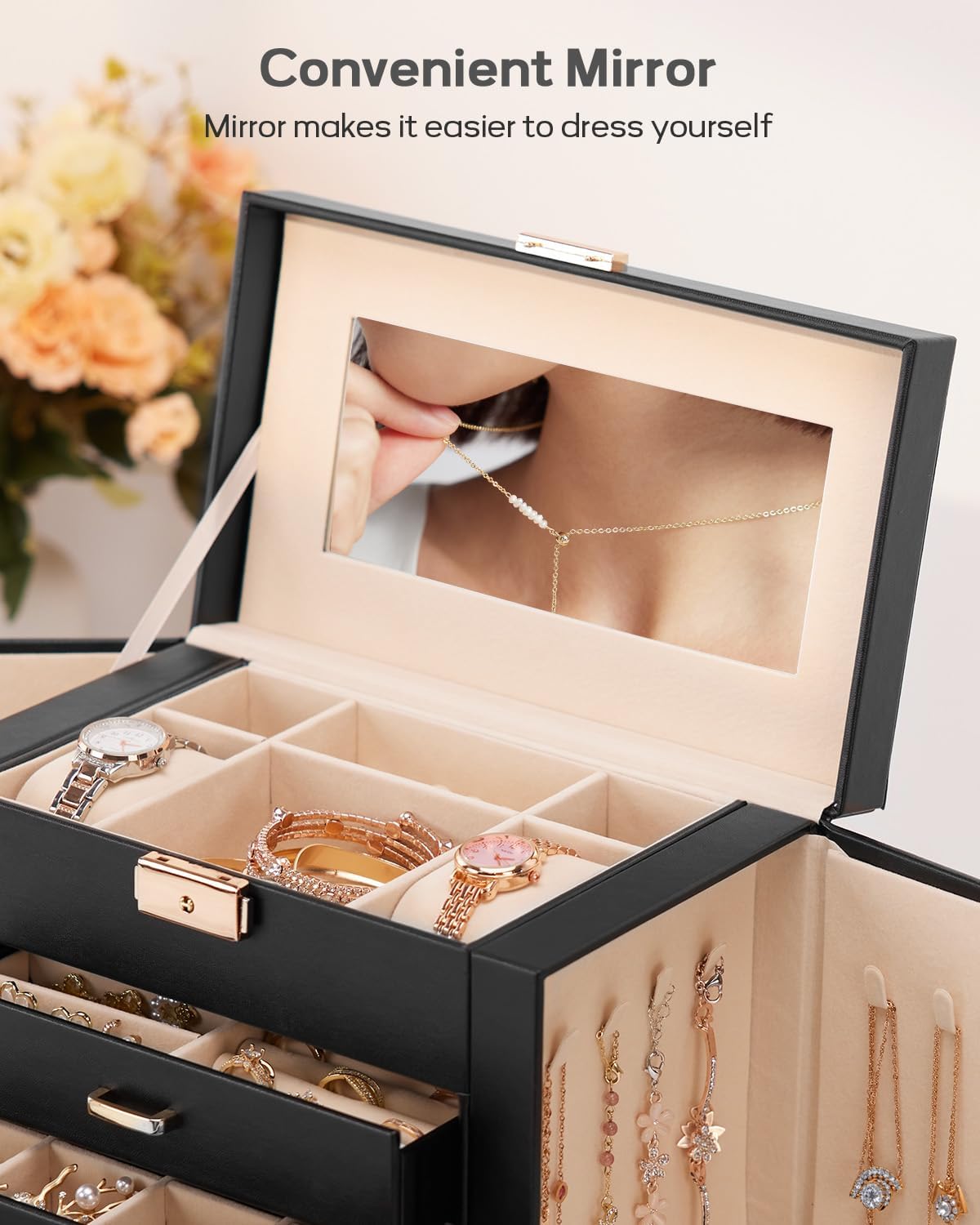 Synthetic Leather Huge Jewelry Box Mirrored Watch Organizer Necklace Ring Earring Storage Lockable Gift Case (White + Gold)