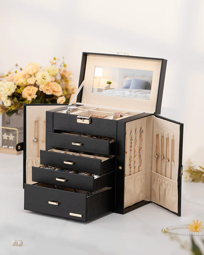 Synthetic Leather Huge Jewelry Box Mirrored Watch Organizer Necklace Ring Earring Storage Lockable Gift Case (White + Gold)