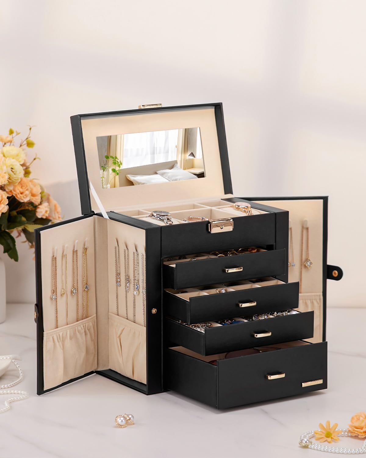 Synthetic Leather Huge Jewelry Box Mirrored Watch Organizer Necklace Ring Earring Storage Lockable Gift Case (White + Gold)