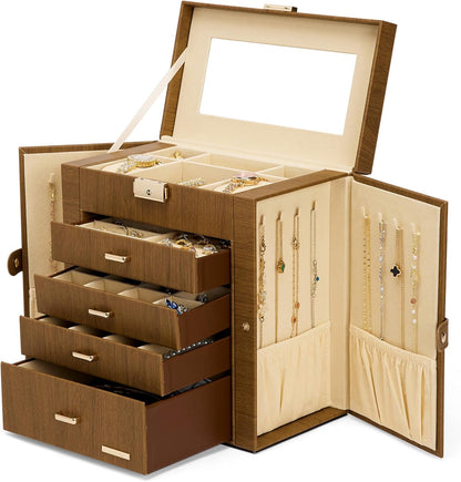 Synthetic Leather Huge Jewelry Box Mirrored Watch Organizer Necklace Ring Earring Storage Lockable Gift Case (White + Gold)