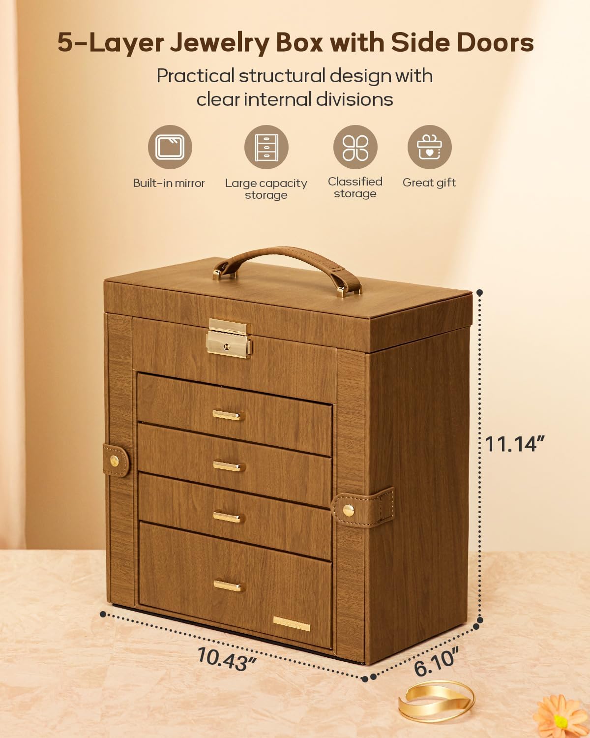 Synthetic Leather Huge Jewelry Box Mirrored Watch Organizer Necklace Ring Earring Storage Lockable Gift Case (White + Gold)