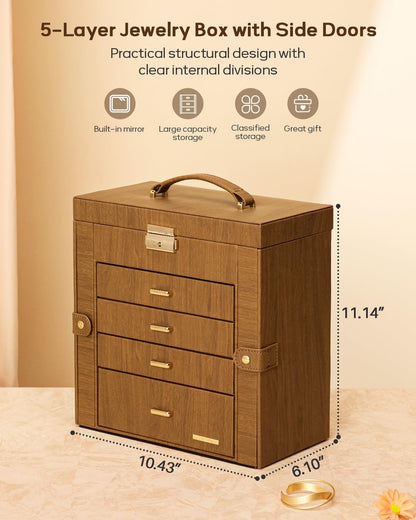 Synthetic Leather Huge Jewelry Box Mirrored Watch Organizer Necklace Ring Earring Storage Lockable Gift Case (White + Gold)