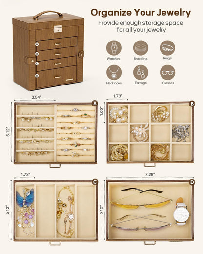 Synthetic Leather Huge Jewelry Box Mirrored Watch Organizer Necklace Ring Earring Storage Lockable Gift Case (White + Gold)